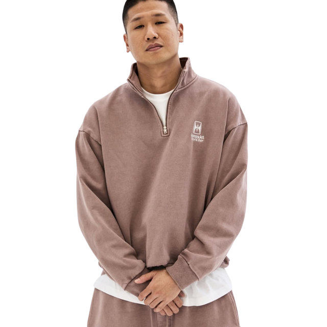 WASHED EMBROIDERED HALF ZIP-UP